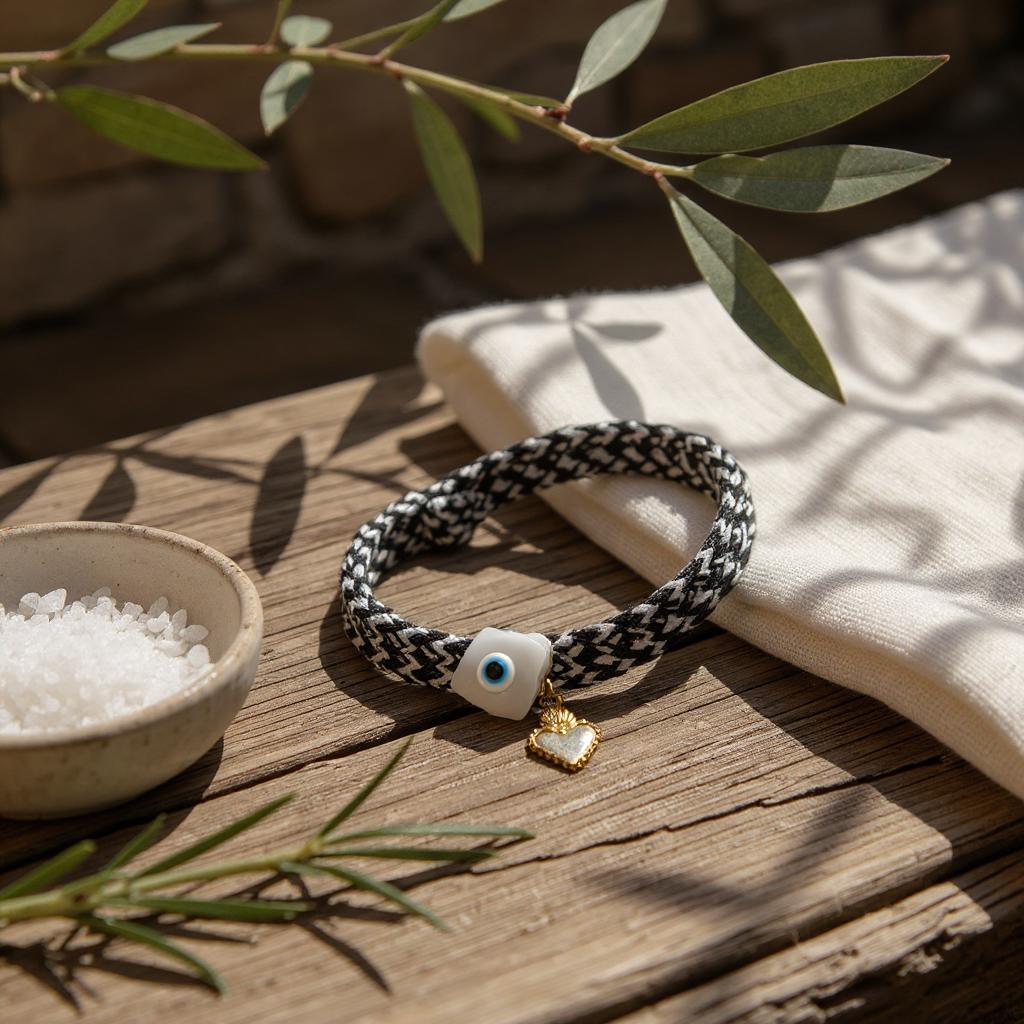 Pulsera de Mujer Blanco y Negro ajustable con Dije en Acero Inoxidable – Estilo Artesanal y Moderno