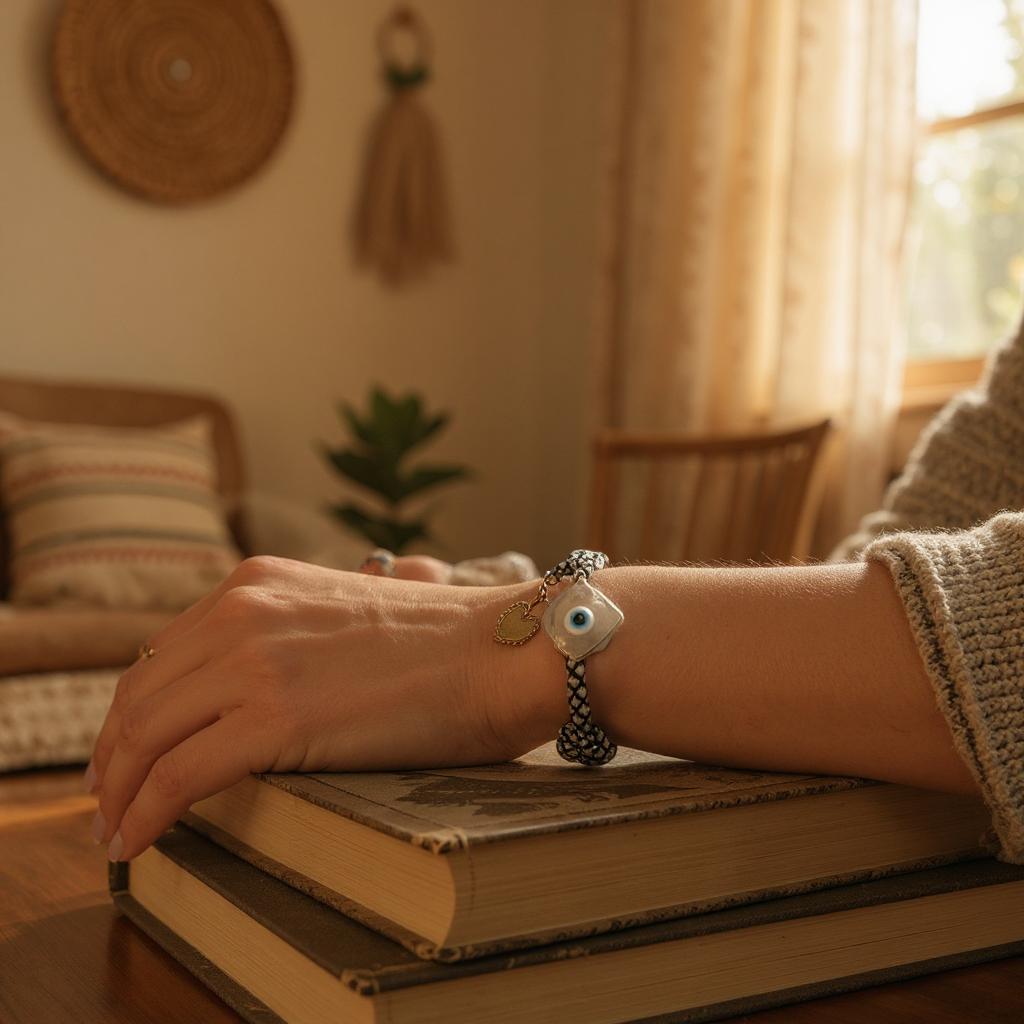 Pulsera de Mujer Blanco y Negro ajustable con Dije en Acero Inoxidable – Estilo Artesanal y Moderno