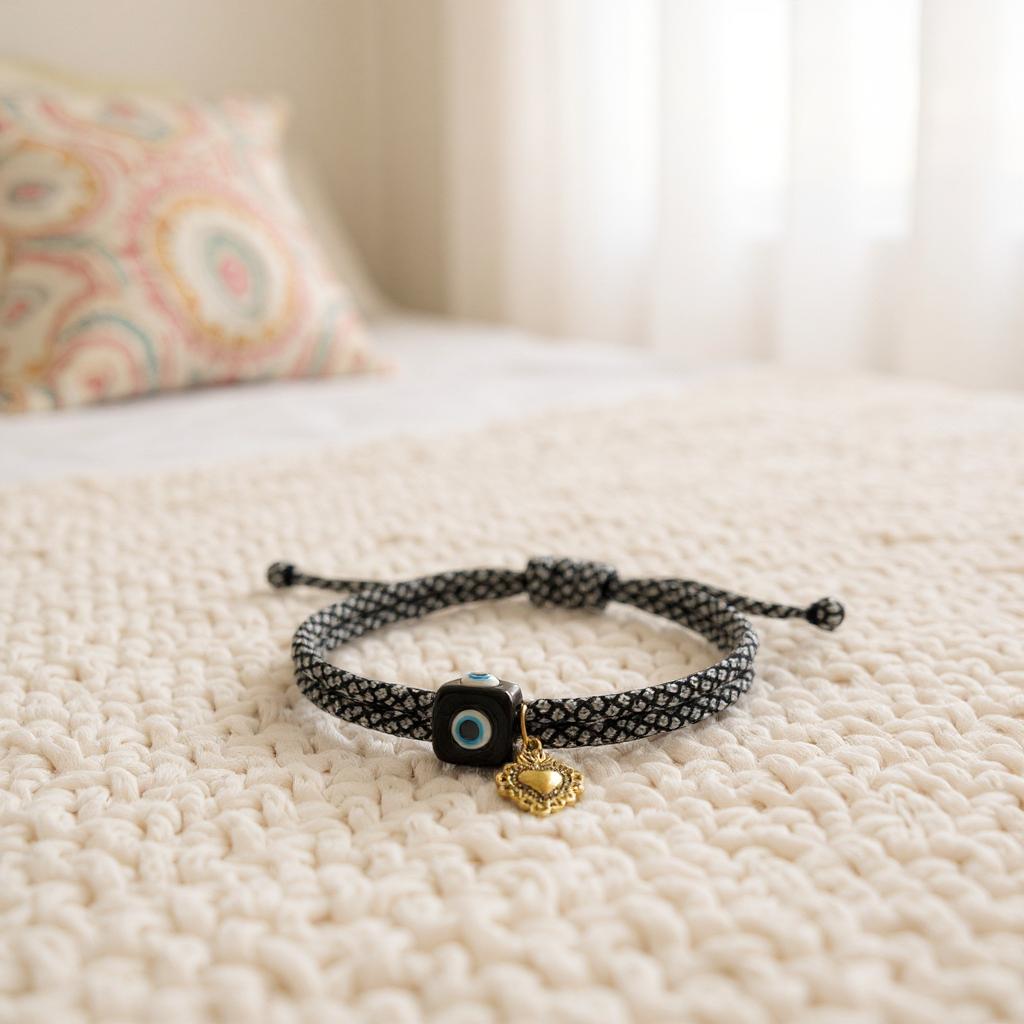 Pulsera de Mujer Blanco y Negro ajustable con Dije en Acero Inoxidable – Estilo Artesanal y Moderno