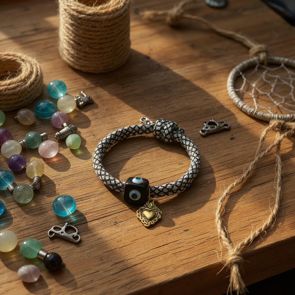 Pulsera de Mujer Blanco y Negro ajustable con Dije en Acero Inoxidable – Estilo Artesanal y Moderno
