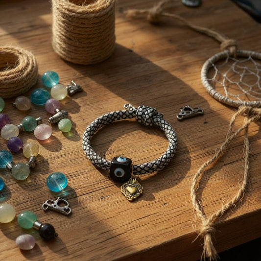 Pulsera de Mujer Blanco y Negro ajustable con Dije en Acero Inoxidable – Estilo Artesanal y Moderno