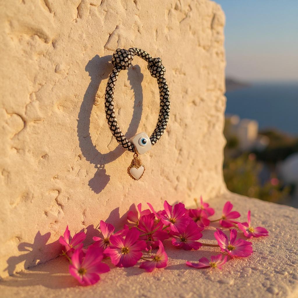 Pulsera de Mujer Blanco y Negro ajustable con Dije en Acero Inoxidable – Estilo Artesanal y Moderno