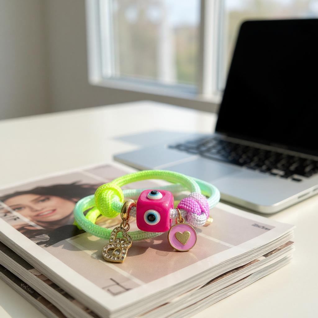 Pulsera Ajustable de Cordon Multicolor con Dije en Acero Inoxidable – Hecha a Mano para Mujer