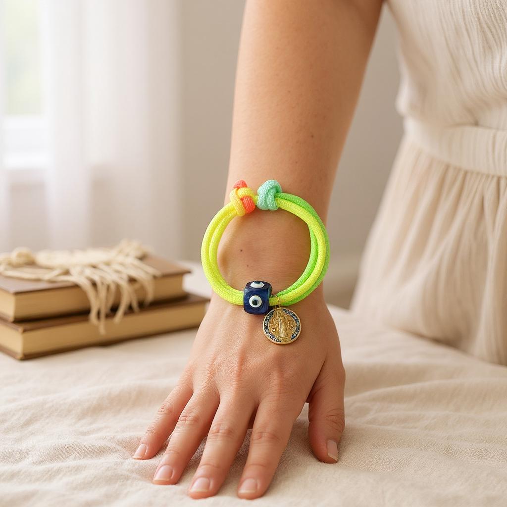 Pulsera Ajustable de Cordon Multicolor con Dije en Acero Inoxidable – Hecha a Mano para Mujer