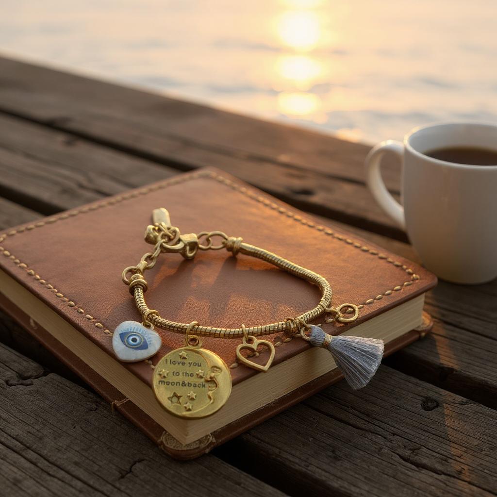Pulsera de cordón de acero inoxidable bañada en oro con dijes colgantes y cierre extensible – Joyería elegante para mujer