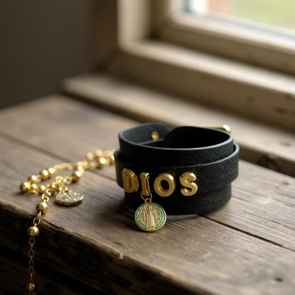 Brazalete de Cuero Ajustable con Palabras Inspiradoras y Dijes en Acero Inoxidable – Hecho a Mano para Mujer